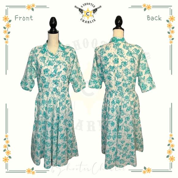 Vintage Rhymes White Cotton Blend Dress with Green Floral Print Size 8 Button Up - Picture 1 of 7